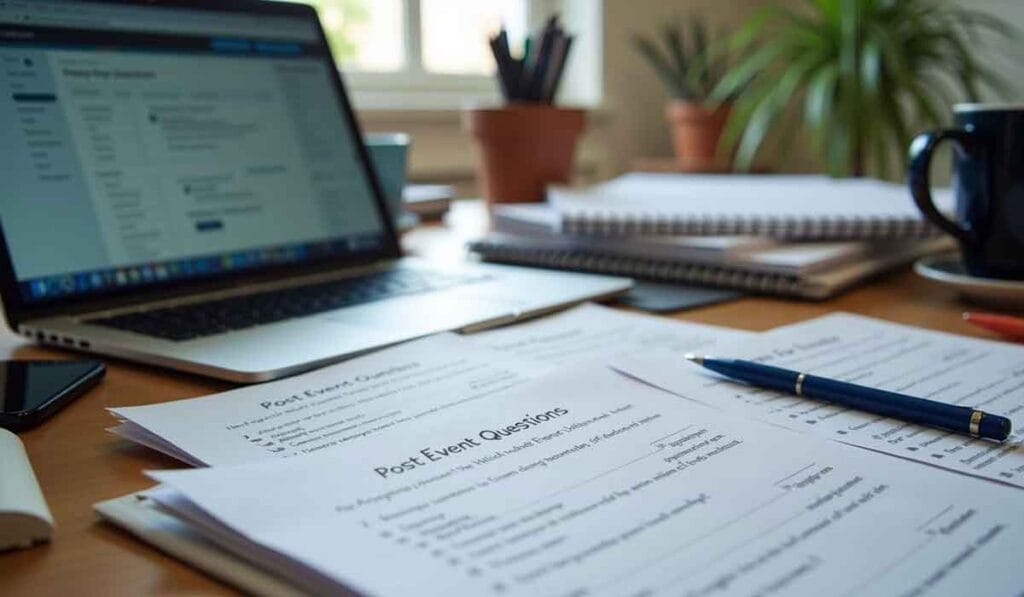 A cluttered desk features a laptop, several paper documents labeled "Post Event Questions," a pen, notebooks, a coffee mug, potted plants, and a window in the background.