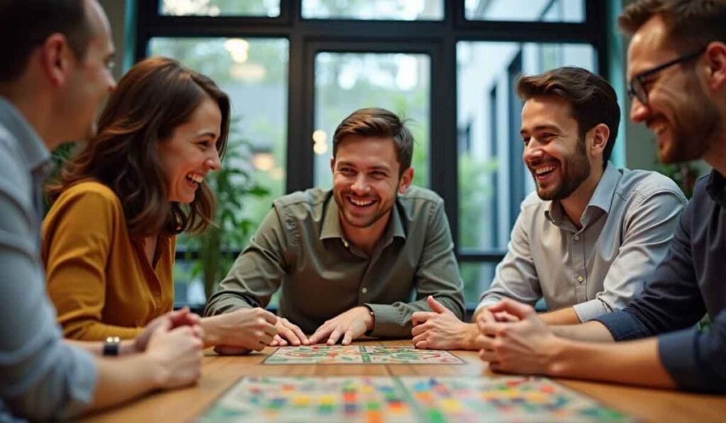 A group of five people sit around a table, smiling and playing a board game in a brightly lit room.