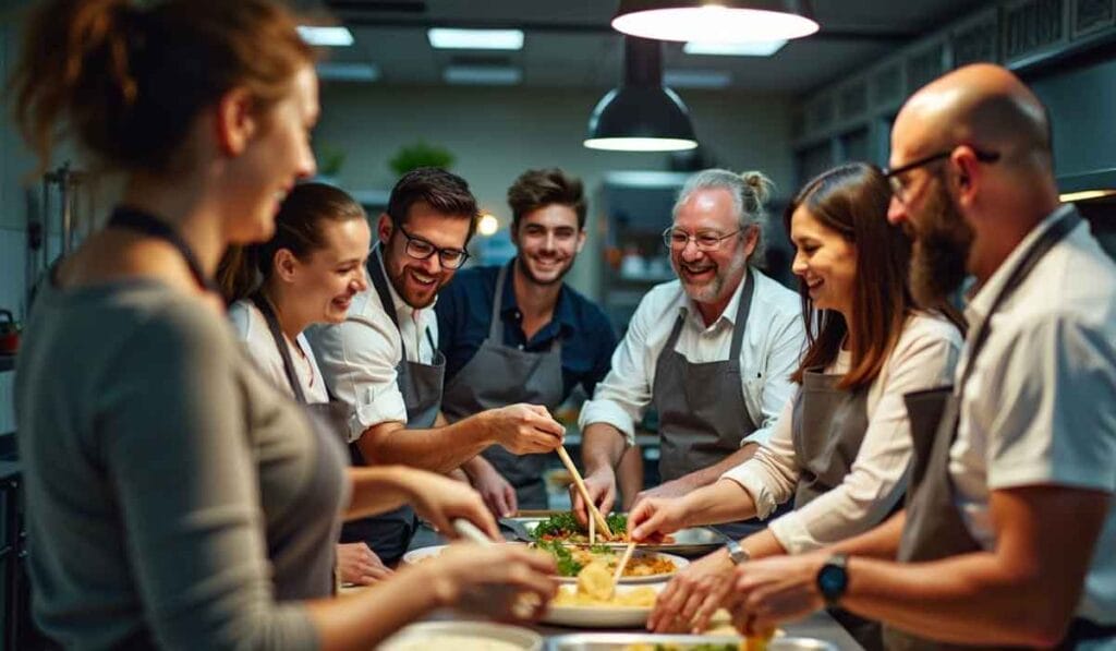 A group of people in a kitchen, smiling and cooking together. They are all wearing aprons and appear to be engaged in a collaborative cooking activity.