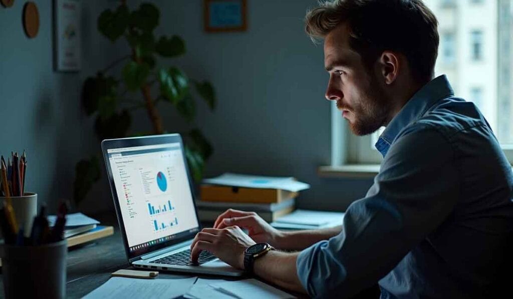 A man working on a laptop at a desk, analyzing graphs and charts displayed on the screen in a dimly lit room.