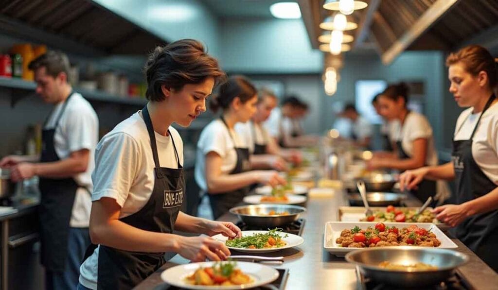 Chefs and kitchen staff wearing white uniforms and black aprons prepare various dishes in a professional, well-lit kitchen.