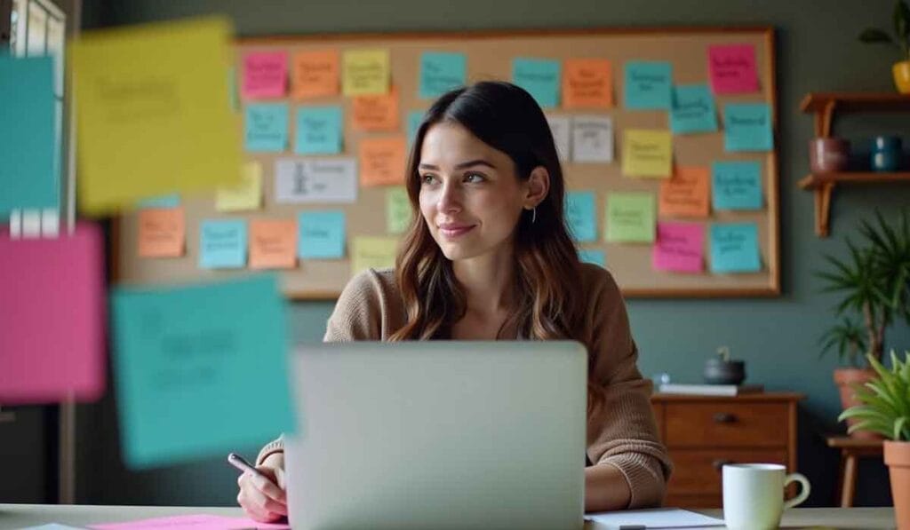 A woman sits at a desk with a laptop, surrounded by colorful sticky notes on a board behind her. She holds a pen and a notebook is open in front of her.