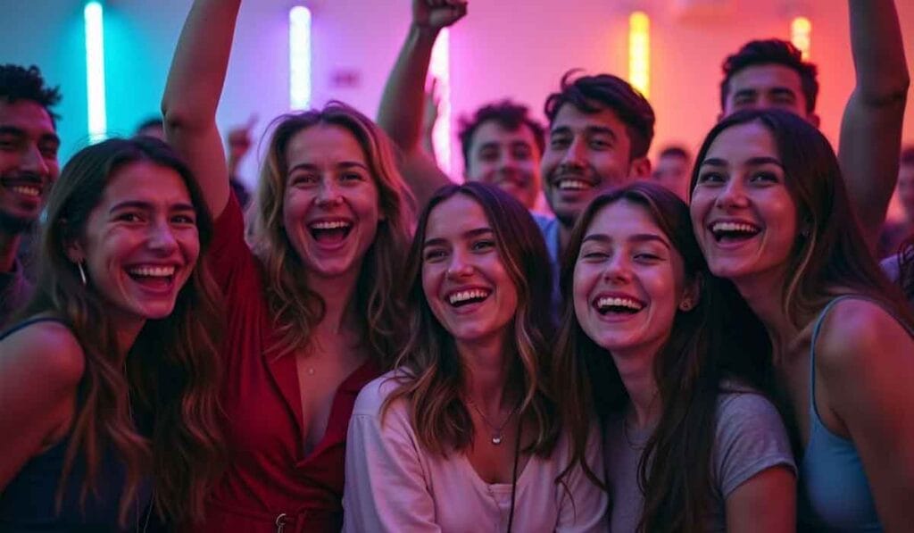 A group of people smiling and posing together in a colorful, neon-lit environment, with some raising their hands in excitement.