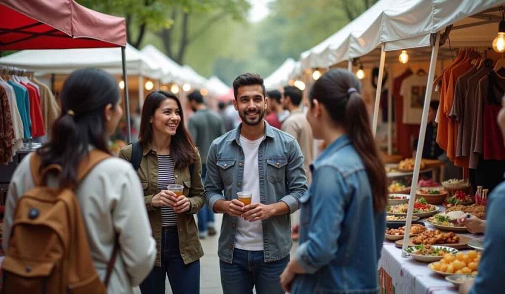 Four people conversing and enjoying drinks at an outdoor market with food and clothing stalls in the background.