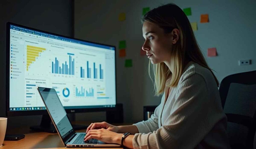 A woman works on a laptop at a desk with a large monitor displaying various charts and graphs in a dimly lit room.