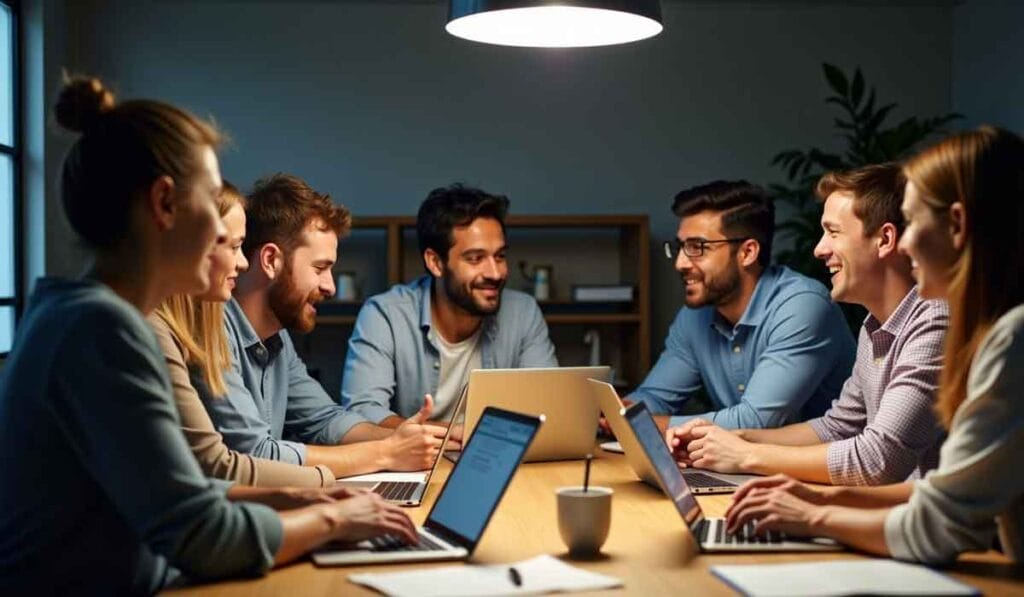 A group of seven people sit around a table with laptops open, engaged in a meeting or discussion, illuminated by overhead lighting.