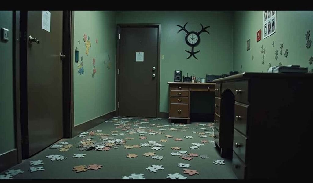 A dimly lit room with puzzle pieces scattered on the floor, a desk on the right, a door in the background, and a black clock shaped like antlers on the wall.