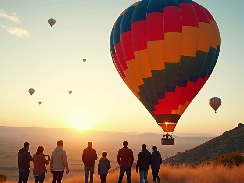 A group of people stand in a field watching colorful hot air balloons floating in the sky during sunset.