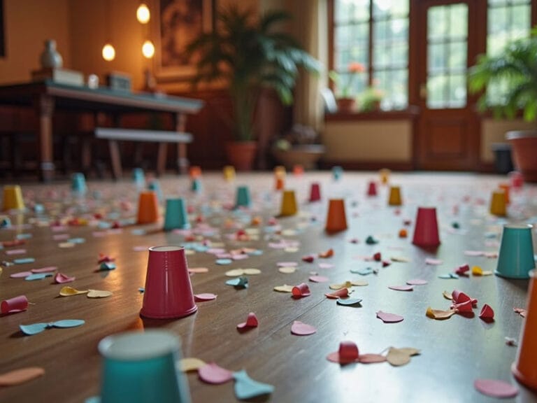 A room with scattered colorful cups and confetti on the wooden floor, with potted plants and large windows in the background.