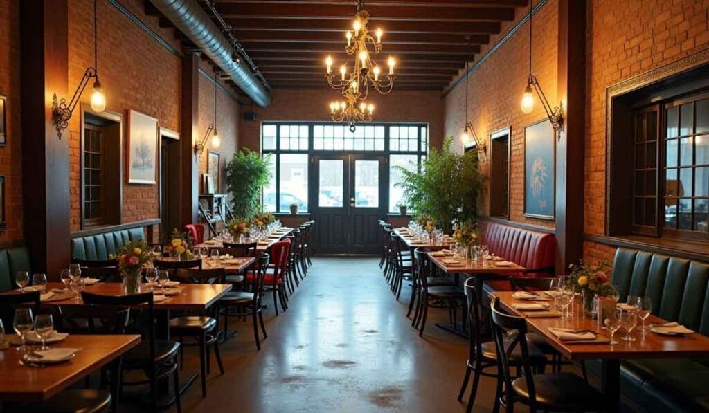 A cozy restaurant interior with neatly arranged tables, mounted wall lamps, brick walls, large windows, and hanging chandeliers, creating a warm ambiance. The scene is set for dining with table settings.