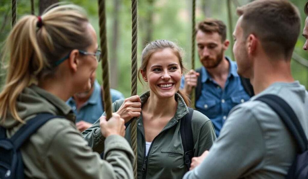 A group of people in casual outdoor attire stands and talks in a forested area. One woman in the center smiles while holding a rope. They appear to be on a team-building exercise or outdoor adventure.