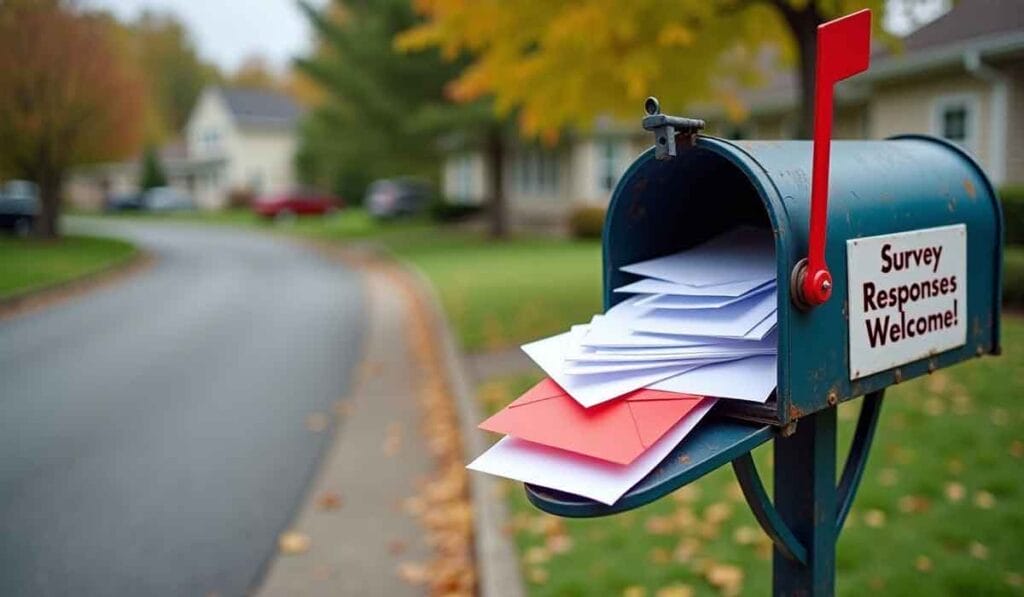 Open mailbox with various letters and envelopes, including a red one, spilling out. Sign on the mailbox reads, "Survey Responses Welcome!". Residential street and houses in the background.