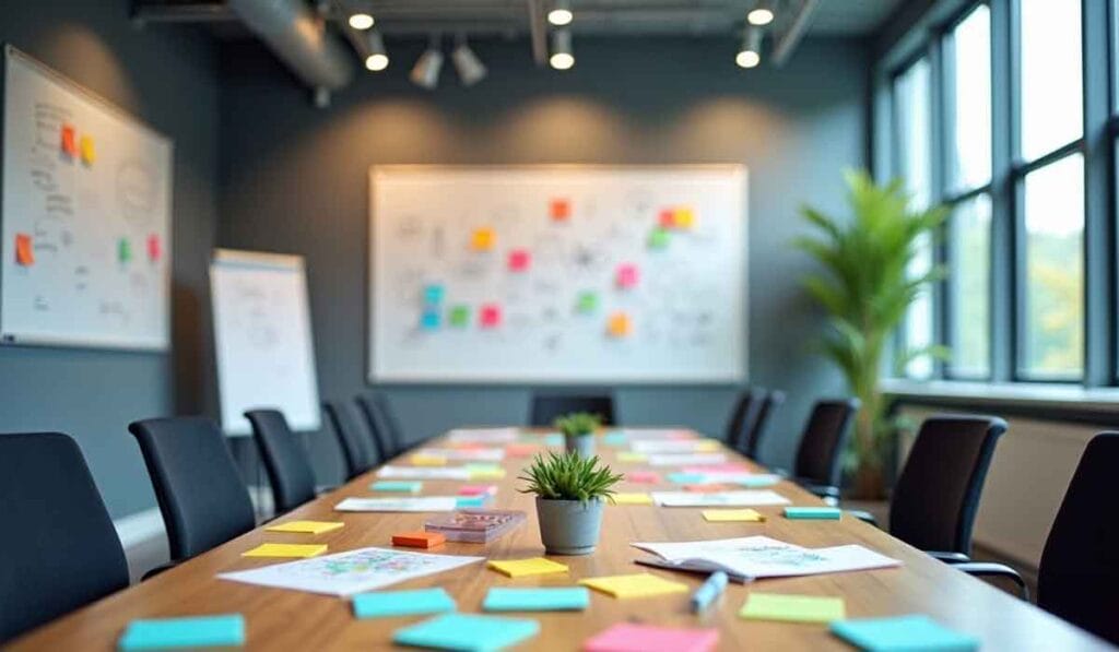 A conference room with a long table, chairs, whiteboards covered in sticky notes, and large windows. The table holds scattered sticky notes, papers, markers, and a potted plant.