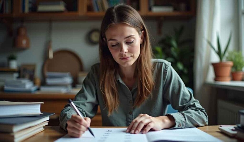 A woman in a green shirt sits at a desk, focused on writing in a notebook, surrounded by books and plants.