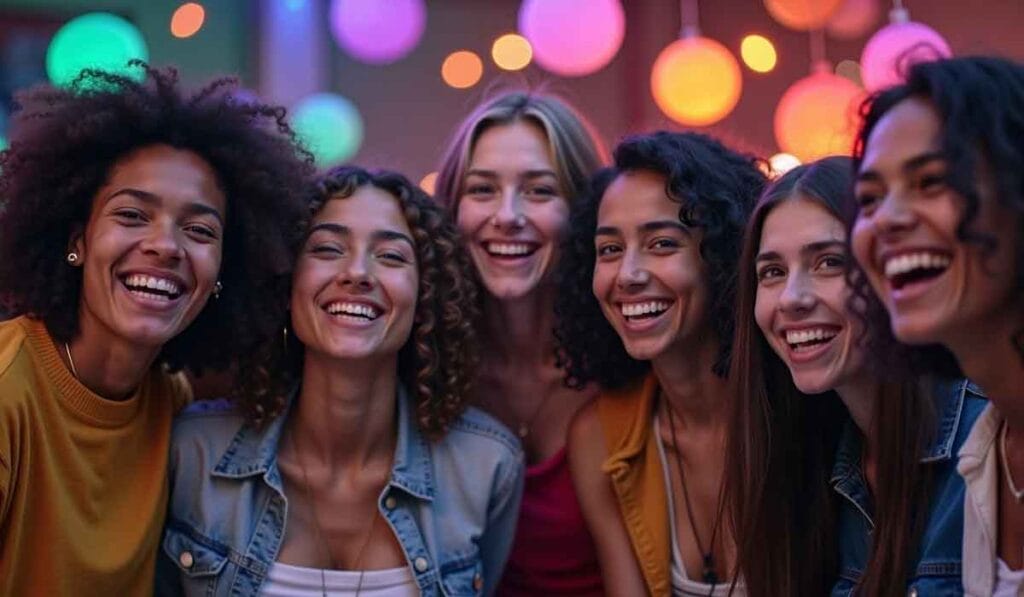 A group of six smiling women stand close together under colorful hanging lights.