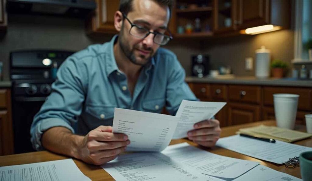 A man with glasses sits at a kitchen table reviewing documents, surrounded by papers and with a cup of coffee nearby.