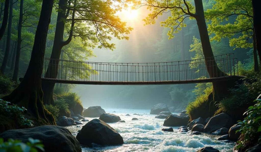 A rope bridge spans a rushing river in a forest, with sunlight filtering through the trees.