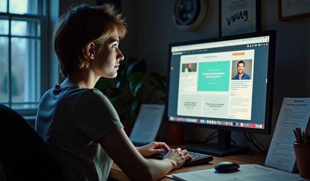 A person is sitting at a desk, looking at a computer screen displaying a webpage. The room is dimly lit, with a window in the background and papers scattered on the desk.