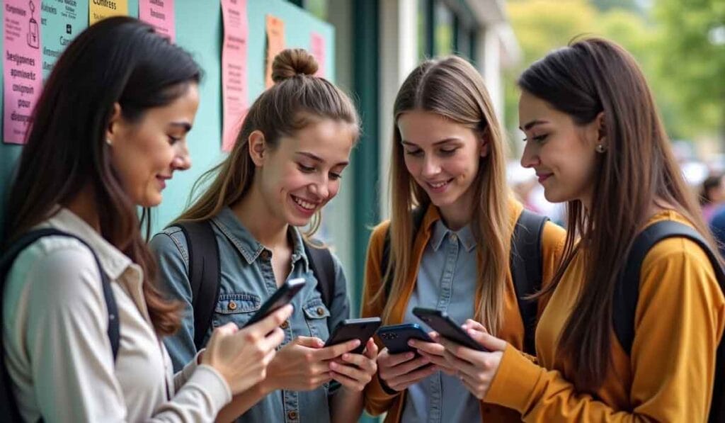 Four young women standing together outdoors, smiling and looking at their phones. They have backpacks and are in a casual setting. Colorful posters are visible on the wall behind them.