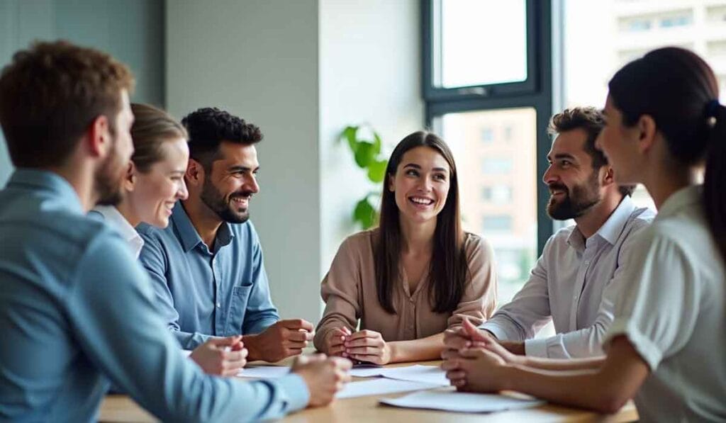 A group of six people sit around a table in an office, engaged in a discussion. They are smiling and appear to be having a pleasant conversation.