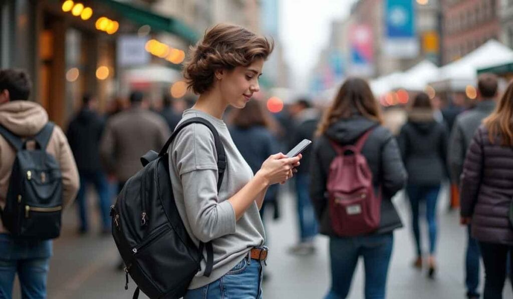 A young person with a backpack stands in a busy street, looking at their phone.