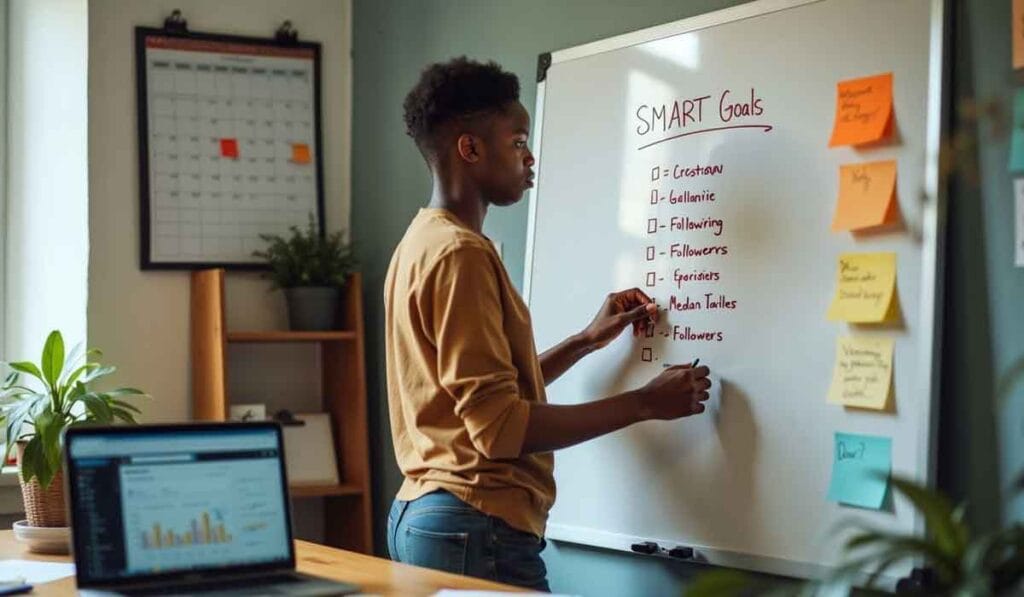 Person writing on a whiteboard labeled "SMART Goals" in an office setting. A calendar, sticky notes, and a laptop with a graph are visible in the background.