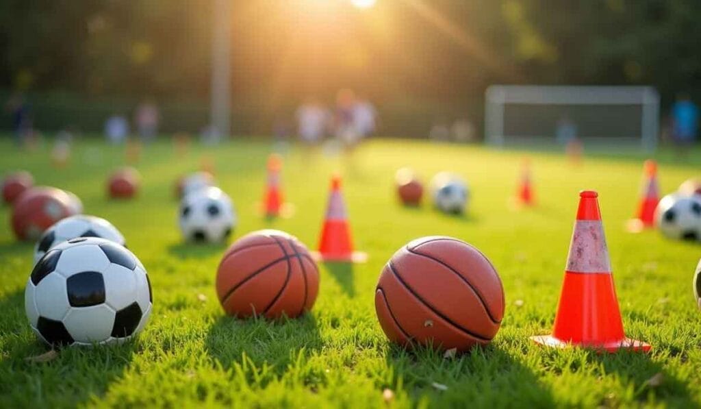 A field with soccer balls, basketballs, and orange traffic cones spread across the grass. A goalpost is visible in the background.