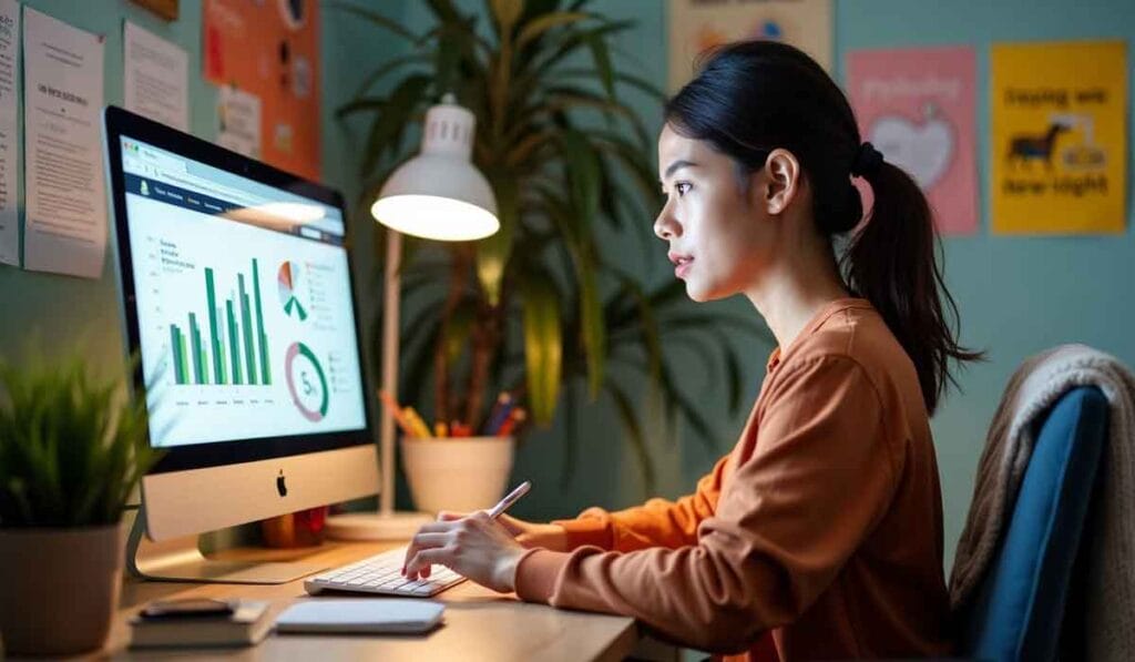 A person is working at a desk, looking at a computer screen displaying graphs and charts. They are using a pen tablet, and there are plants and posters in the background.