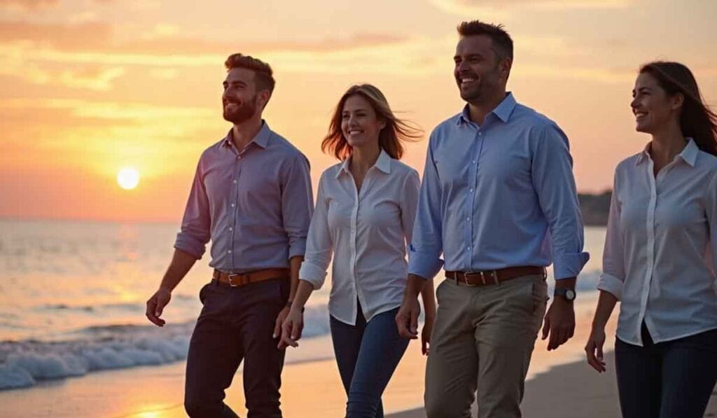 Four people in casual attire walk along a beach at sunset, smiling and engaged in conversation.