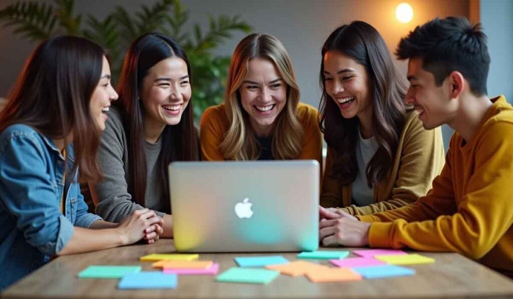 A group of five people sitting around a table, smiling and looking at a laptop. Colorful sticky notes are spread on the table.