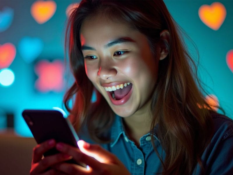 A person smiles while looking at a smartphone in a room with heart-shaped lights on the wall in the background.