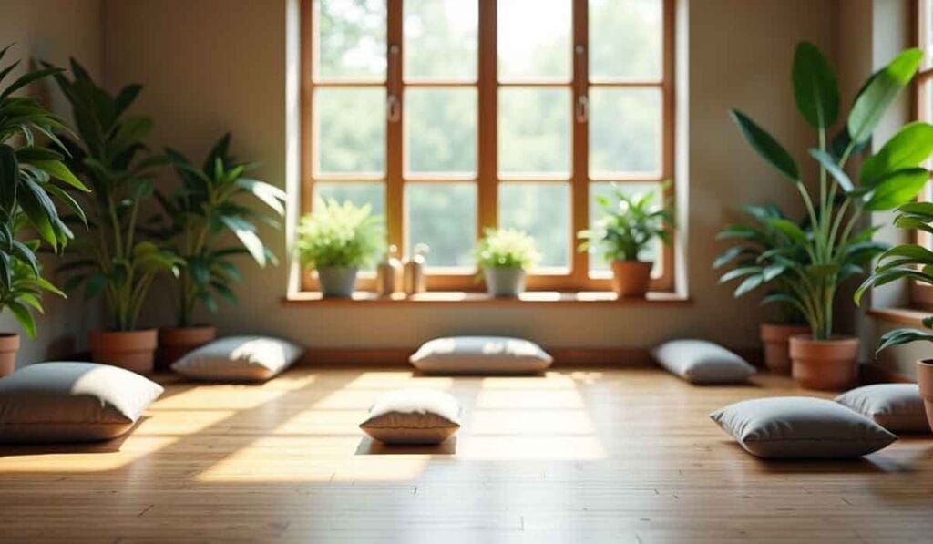 A sunlit room with wooden floors, large windows, potted plants, and several cushions arranged on the floor.