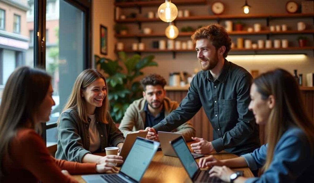 A group of five people sit at a table in a well-lit cafe, engaged in discussion with laptops open in front of them.