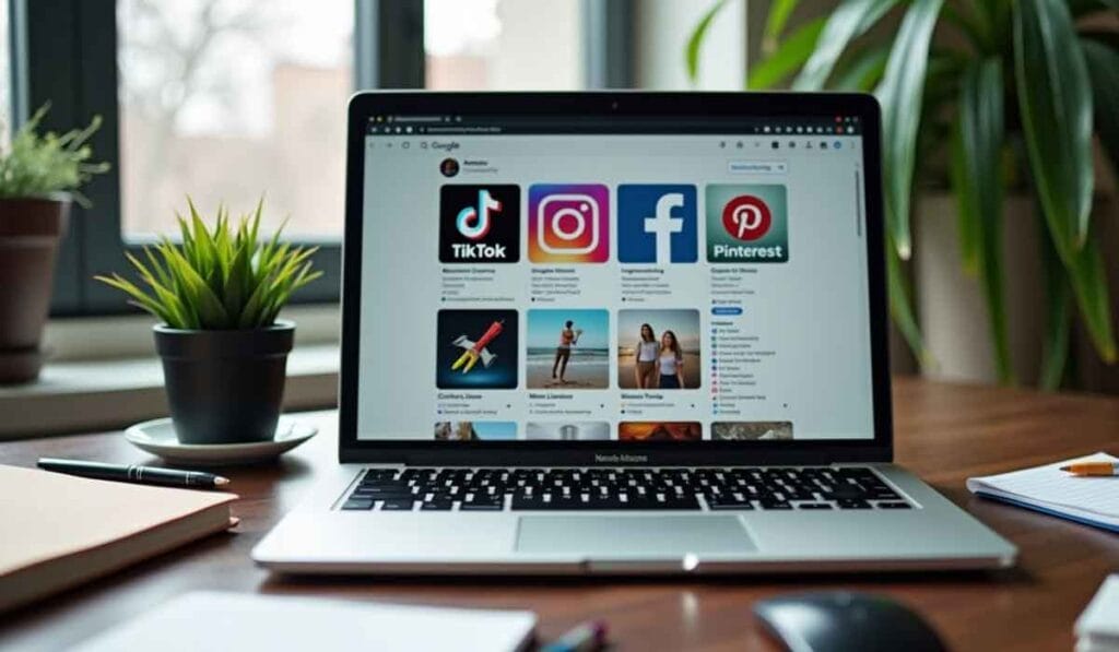 A laptop on a desk displaying a browser with icons for social media platforms TikTok, Instagram, Facebook, and Pinterest. A plant, notebook, and pen are also on the desk.