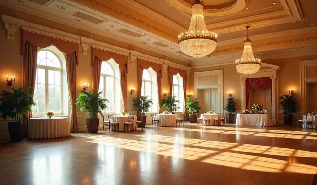 A spacious, elegant ballroom with large windows, chandeliers, round tables, and potted plants. Sunlight streams across the polished floor.