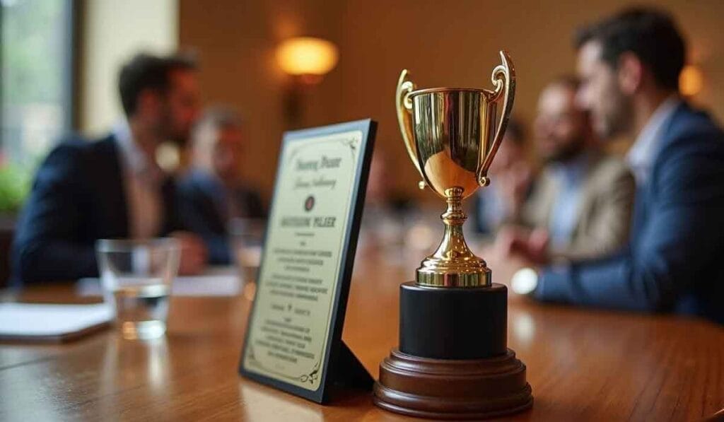 A trophy and a framed certificate on a table with four people in business attire blurred in the background.