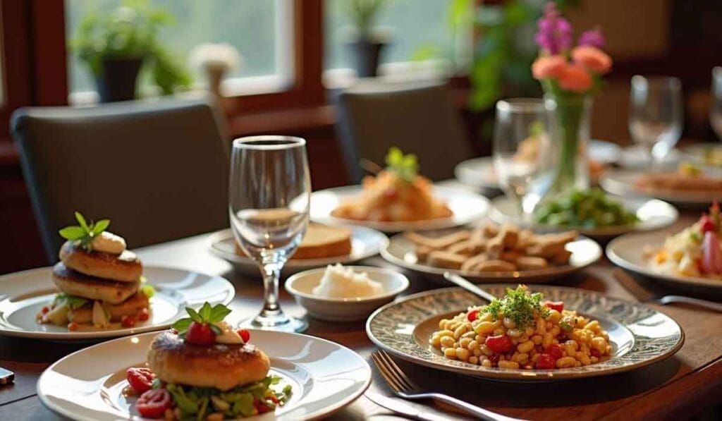 A table set with various dishes, including burgers with greens and pasta with chickpeas. Wine glasses and floral arrangements are also present.