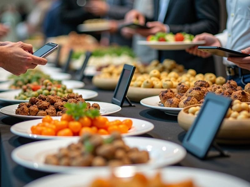 A buffet table with various dishes, including meatballs, tomatoes, and potatoes, while people serve themselves and use smartphones.