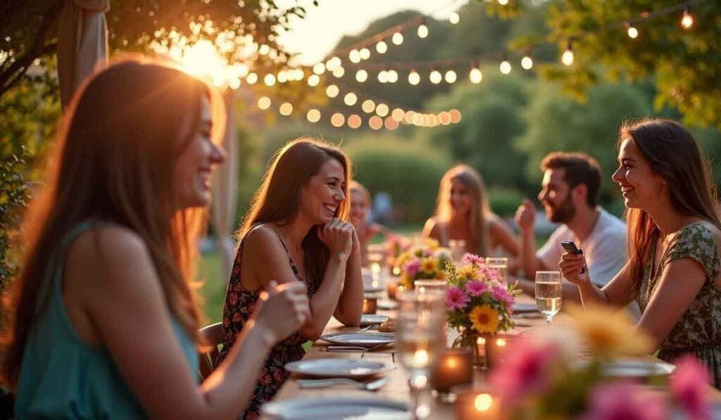 A group of people sitting at an outdoor table decorated with flowers and candles, engaged in conversation during sunset. String lights hang overhead.