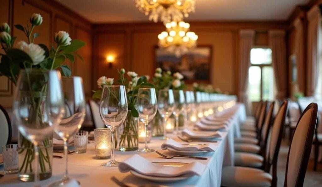 Elegant dining table set for an event, featuring white tablecloths, glassware, neatly folded napkins, flower arrangements, and warm chandelier lighting.