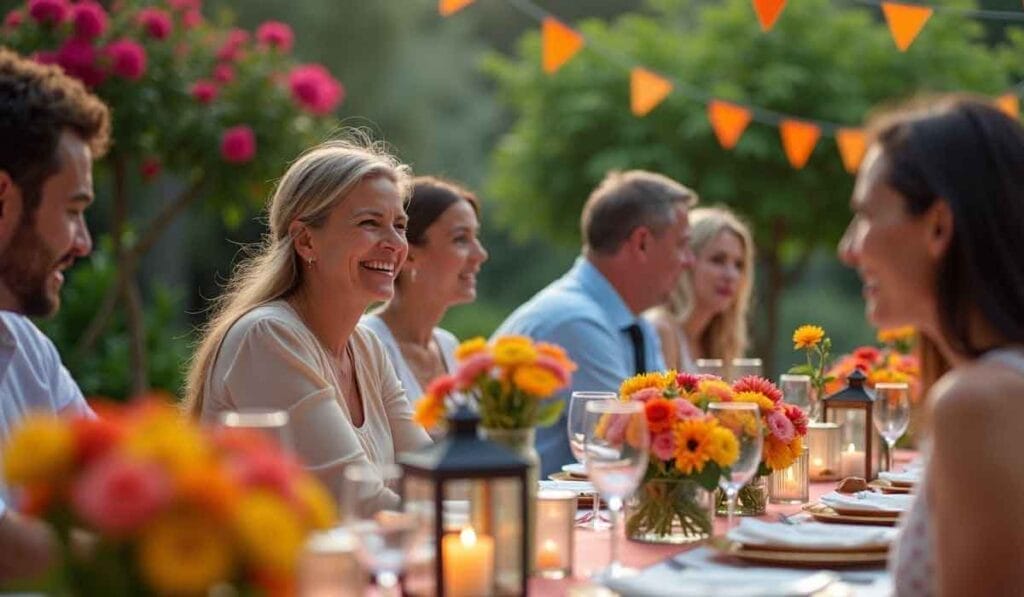 A group of people sitting at an outdoor table decorated with flowers and candles, surrounded by greenery and orange bunting.