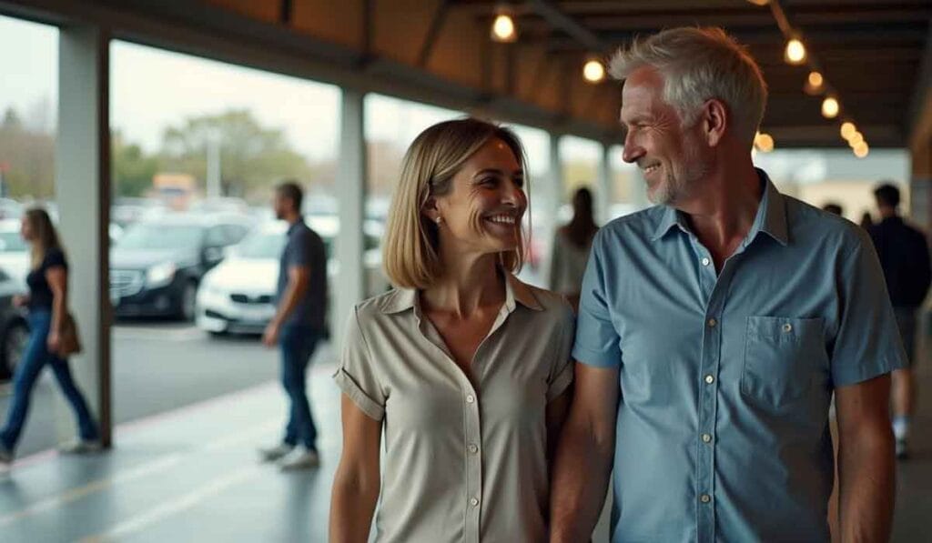 A couple walking hand in hand at an outdoor shopping plaza, smiling at each other. Several people and parked cars are in the background.