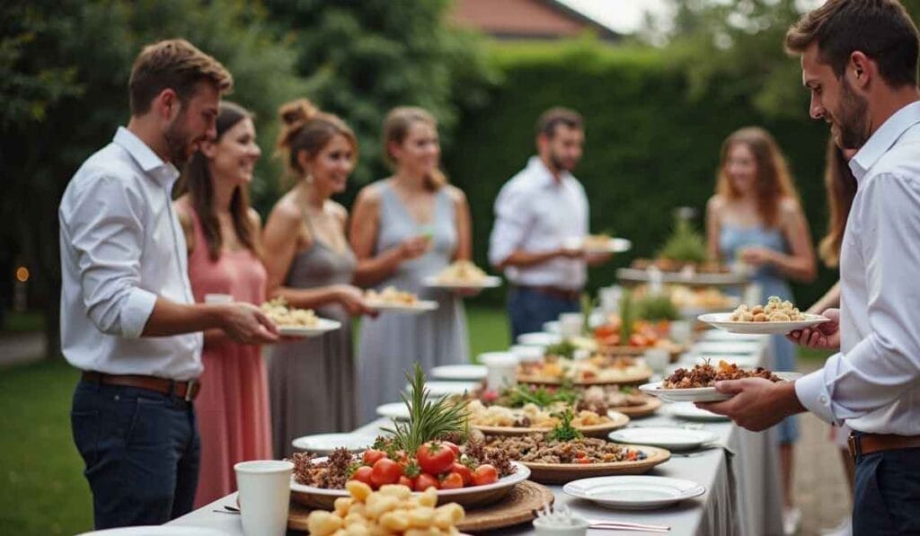 People gather around a table outdoors, serving themselves from various dishes at a buffet.