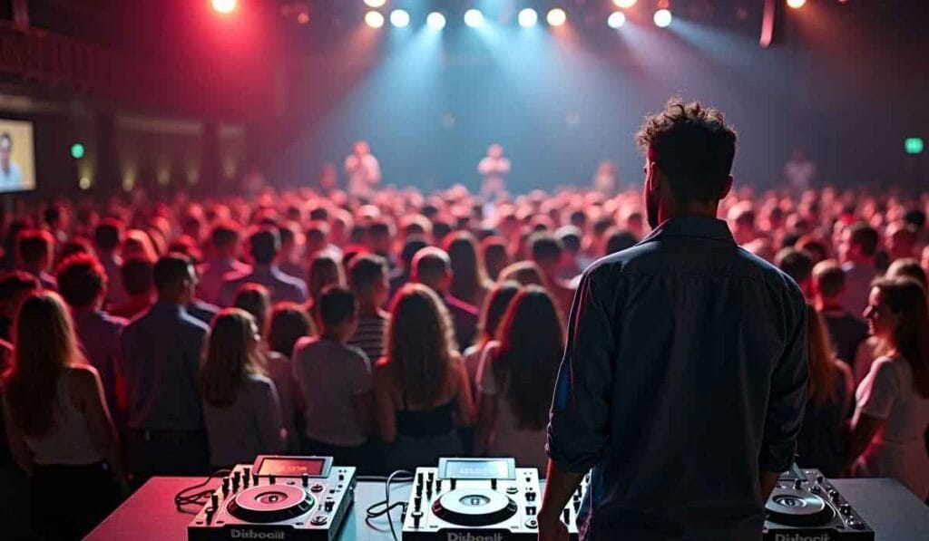 A DJ stands at a console, facing a large crowd in a dimly lit venue, with colorful stage lights shining above.