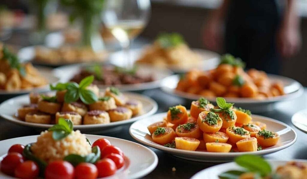 A variety of elegantly plated dishes with fresh ingredients, including tomatoes and herbs, displayed on a dining table with a blurred background.