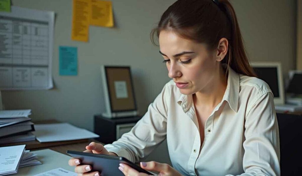 A woman in a white shirt sits at a desk, focusing on a tablet, with papers and sticky notes in the background.