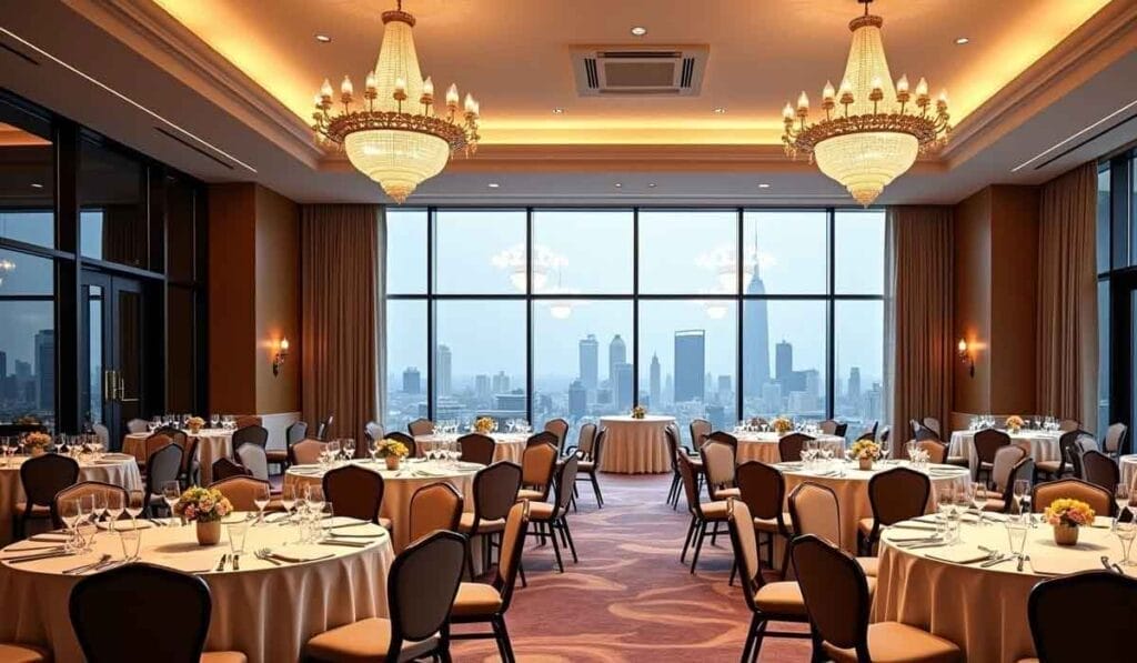 An elegant banquet hall with round tables set for dining, featuring chandeliers and large windows displaying a cityscape view.