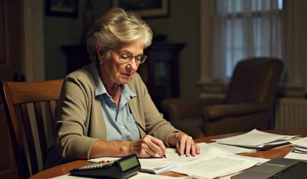 An elderly woman sits at a table, focused on paperwork. A lit lamp provides light, and a calculator and laptop are nearby. The room has soft, warm lighting.