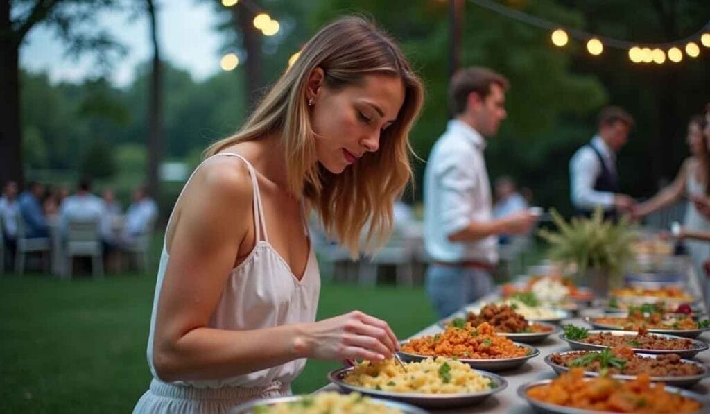 A woman in a white dress serves herself pasta from a buffet table outdoors, with other people in the background.