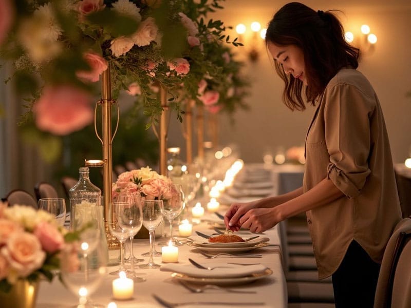 A woman setting a candlelit dinner table adorned with pink flowers and elegant tableware in a warmly lit room.